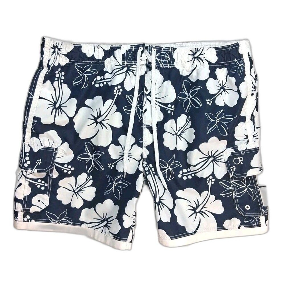 Ocean Pacific XL Mens Blue Hawaiian Cargo Swim Shorts Resortwear Beach Tropical